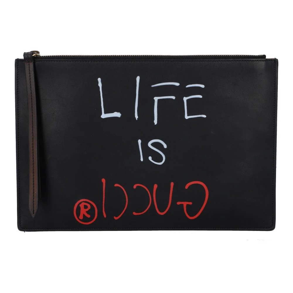 Gucci Life is Gucci Black Clutch with White/Red Graphic Text with FLAWS